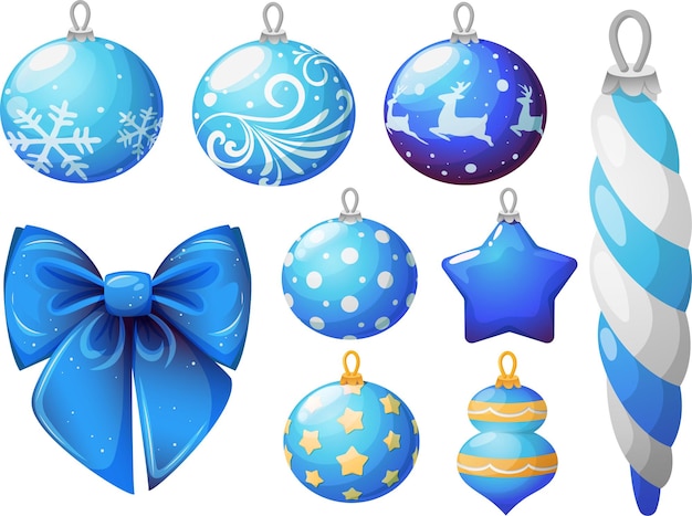 Set of blue Christmas tree toys balls and decorations