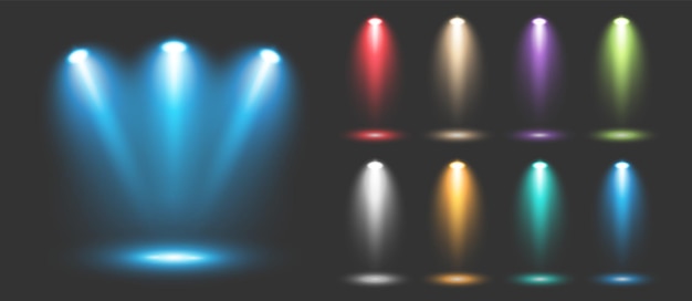 A set of blue and colored luminous transparent lighting effects on a dark gray background