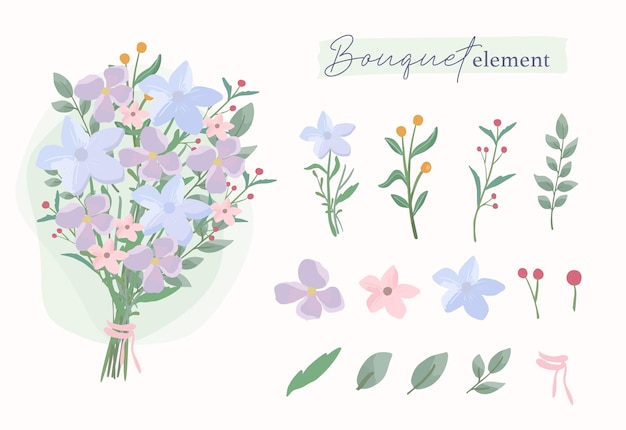 Set of blue flower arrangement bouquet and leaf isolated element clip art