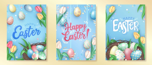 Set of blue greeting cards with 3d realistic tulips nest with pastel colored Easter eggs and text