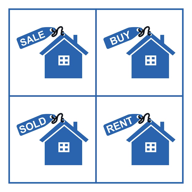 Set of blue icons for sale in the form of a house Home application ui symbols sales rent buy