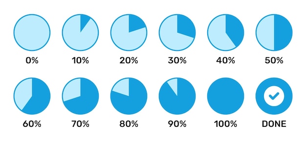 Set of blue infographic percentage pie chart from 0 to 100.