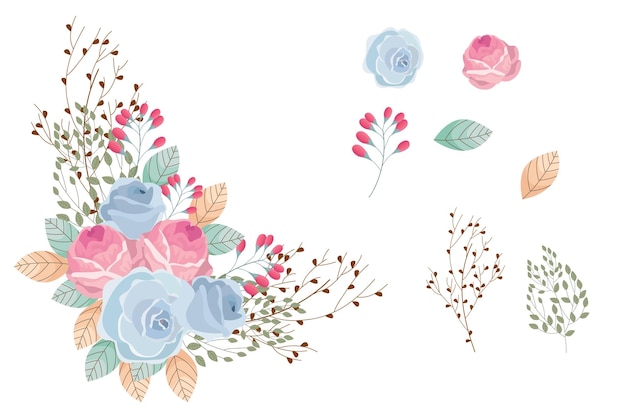 Set of blue pink flowers and green brown leaf clipart isolated