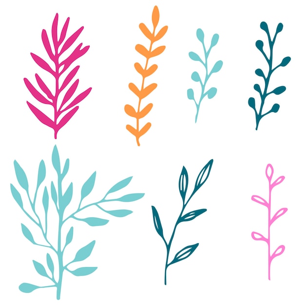 Set of blue, pink, yellow hand drawn doodle floral elements with branches and leaves isolated