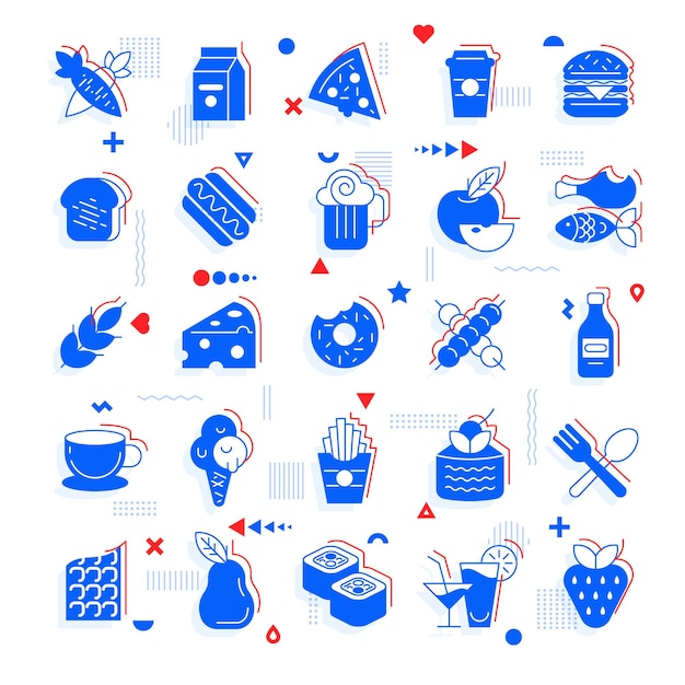 Set of blue and red vector icons food and dessert