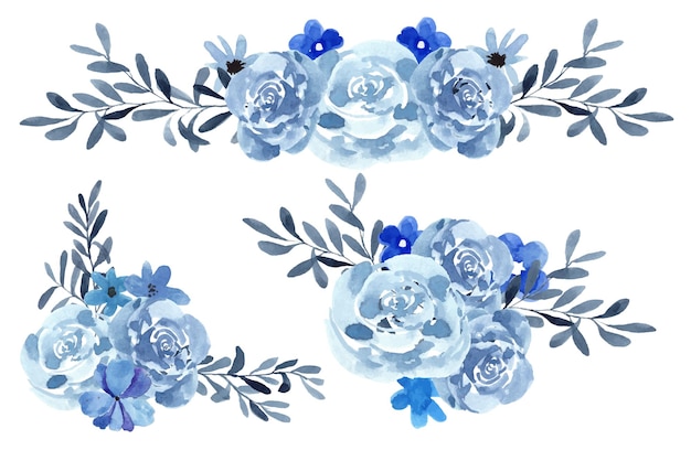 Set of blue roses bouquet watercolor