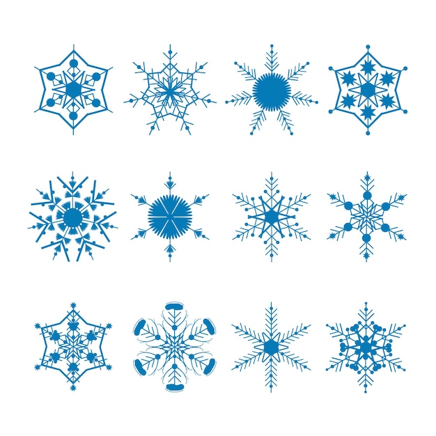 Set blue silhouette snowflake Elegant geometric vector linear illustration