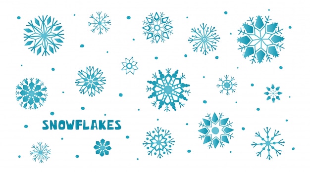 Set of blue snowflakes in hand drawn style isolated on white background