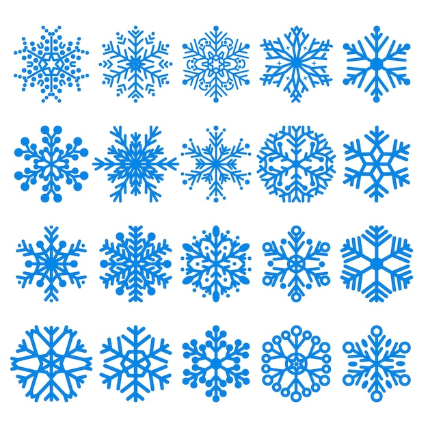 Set of blue snowflakes various forms on white background