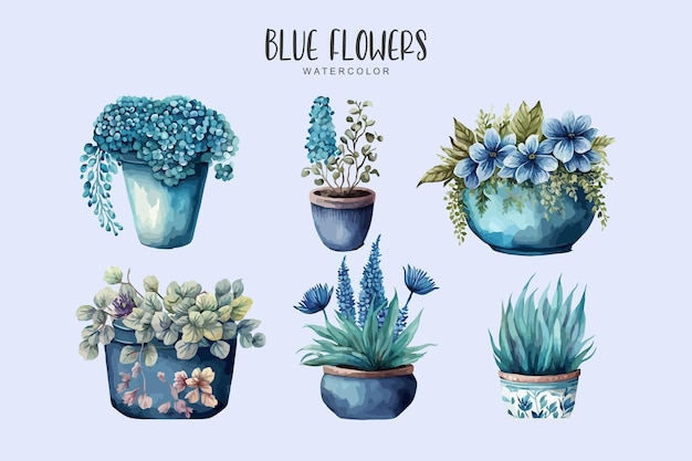 A set of blue watercolor flowers in pots on blue background