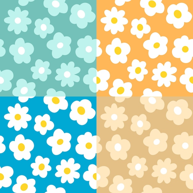 Set of Blue and Yellow Flowers Backgrounds, Seamless Editable Vector Patterns. Simple Floral Print