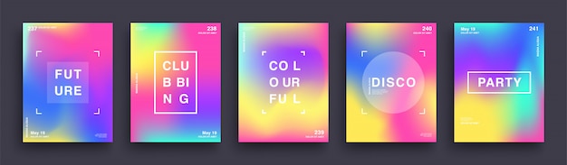 Set of Blurred Color Gradient Posters. Summer Clubbing Bright Party Poster. Covers Template Design. Abstract Gradient Mesh Background. Trendy Hipster Holographic Shapes.