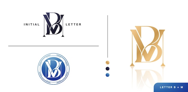 Set of BM or MB Monogram Initial Letter Logo Design with Golden and Blue Colors