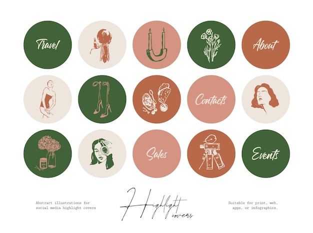 Set of bohemian minimalist icons for highlight cover stories