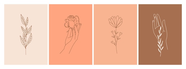 Set of boho backgrounds. Flower hands branch and leaves element