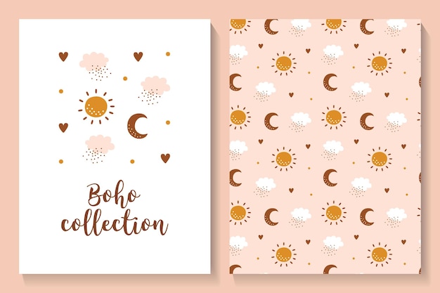 Set of boho card and seamless pattern with cute moon cloud star heart Vector llustraton