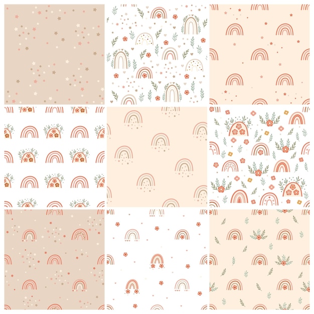 Set of boho nursery seamless patterns with rainbows and florals. Vector illustration.