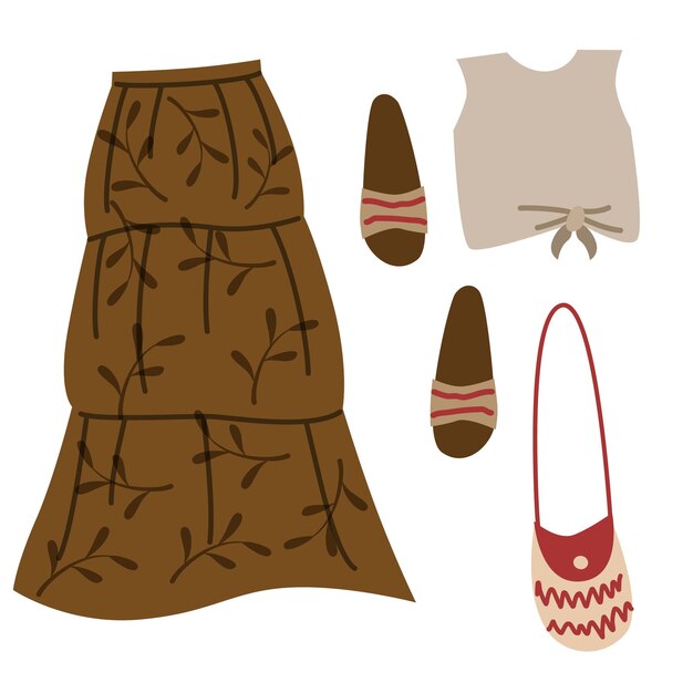 Vector a set of boho outfits and various boho elements fashionable clothes bag skirt shoes top v