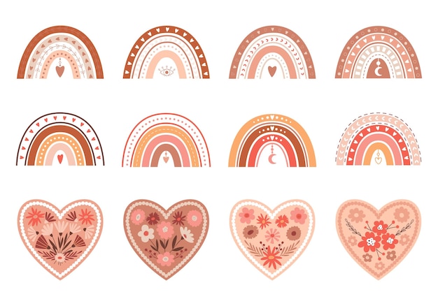 A set of boho rainbows and hearts with simple flowers Boho Valentine's day Pastel decorative elements for Valentine's Day Color vector illustrations isolated on a white background