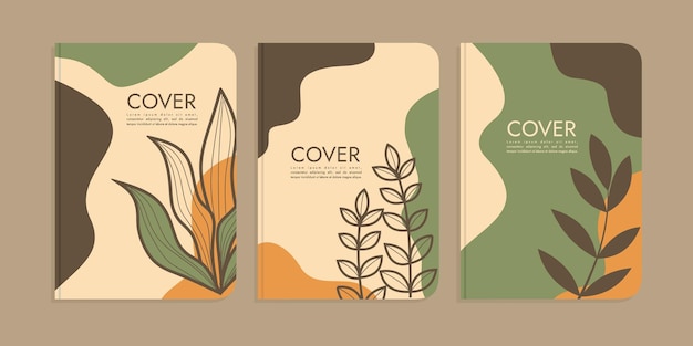 set of book cover designs with hand drawn floral decorations. abstract boho botanical background A4