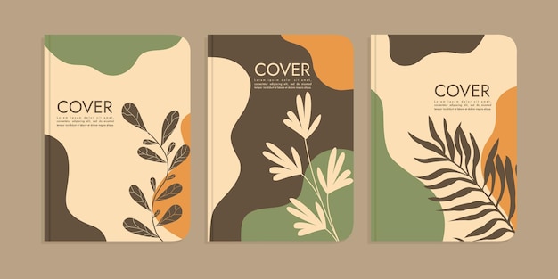 set of book cover designs with hand drawn floral decorations. abstract boho botanical background A4