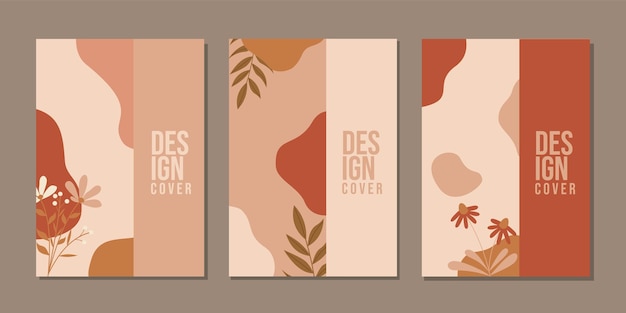 set of book cover designs with hand drawn floral decorations. abstract boho botanical background.