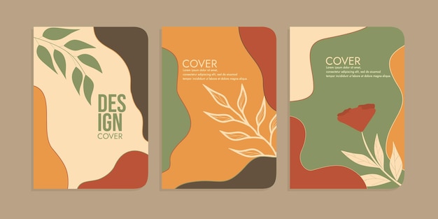 set of book cover designs with hand drawn floral decorations. abstract retro botanical background.