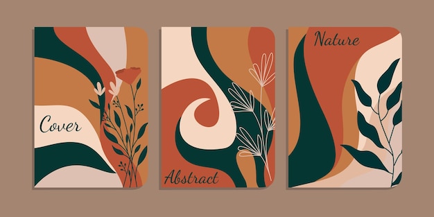 set of book cover designs with hand drawn floral decorations. abstract retro botanical background.