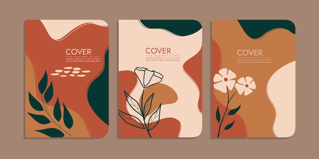 set of book cover designs with hand drawn floral decorations. abstract retro botanical background.