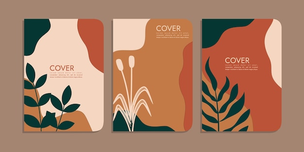 set of book cover designs with hand drawn floral decorations. abstract retro botanical background.