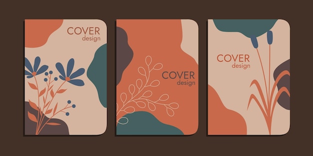 set of book cover designs with hand drawn foliage decorations. brown pastel color abstract aesthetic