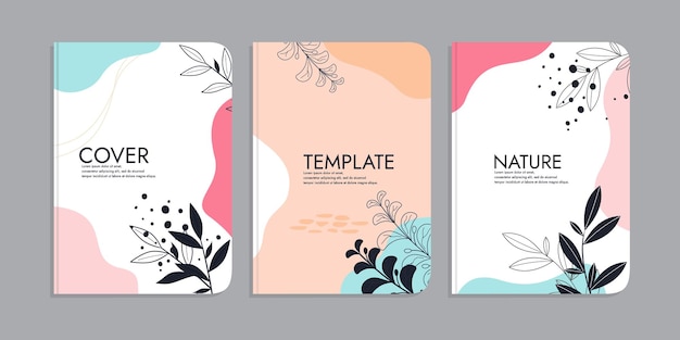 Vector set of book cover templates with hand drawn floral decorations beauty botanical abstract background