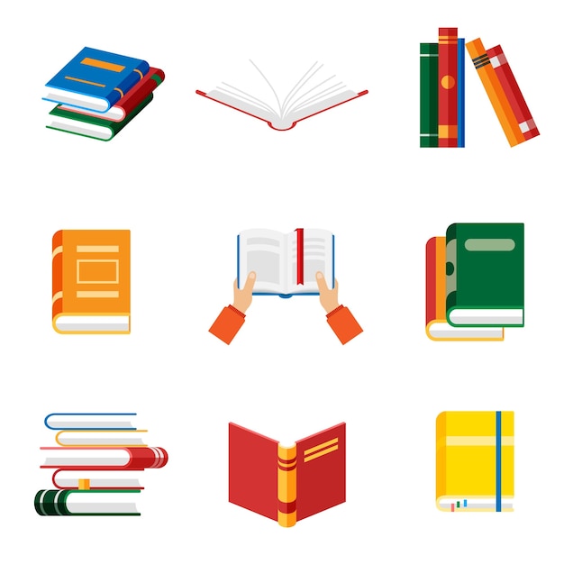 Set of book icons in flat style isolated hands hold book. Opened notebook and diary with color bookmarks.