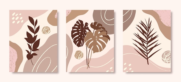 Set of Botanical Art with Tropical Leaves, Branch and Organic Shapes in Minimal Trendy Style. Vector Abstract Illustration in Pastel Colors for Print, Cover, Wallpaper, Posters, Social Media Stories