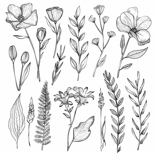 Vector set of botanical leaf doodle wildflower line art