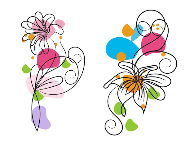 Set of botanical leaf doodle wildflower line art