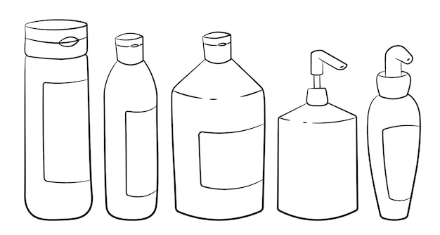 Set of bottles and dispensers black outline on a white background. Bottles with flip top caps.