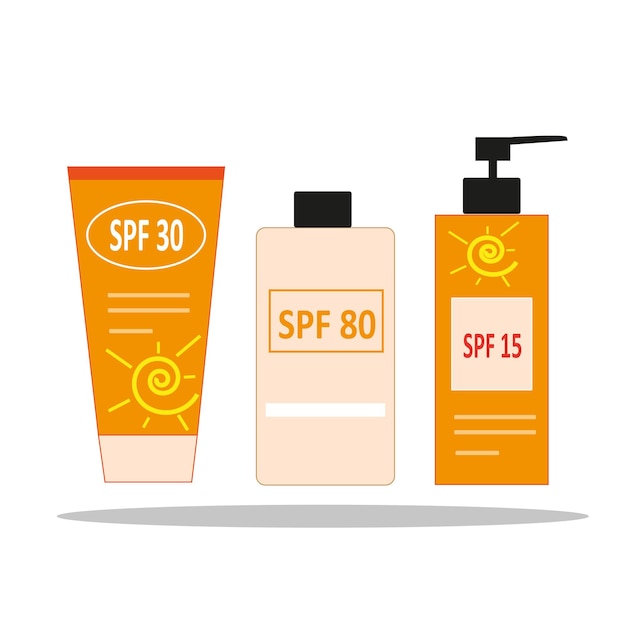 Set of bottles for sun protection. Spf concept. Vector illustration