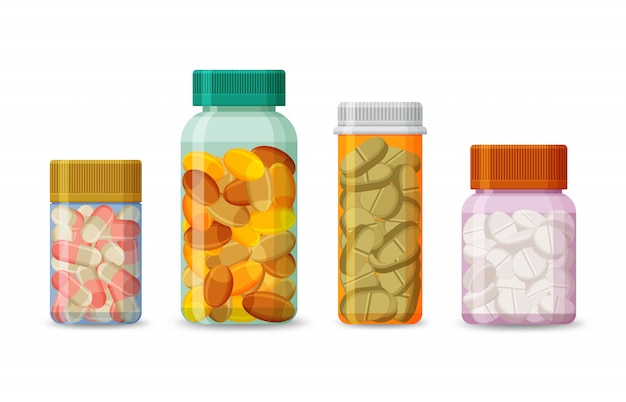 Set of bottles with pills  on a white background. Realistic medical products packaging with tablets and capsules. Plastic tubes for pharmacy drugs.  illustration.