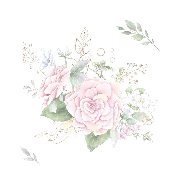 A set of bouquet of delicate roses and orchids. Watercolor illustration.