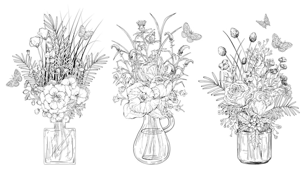 Set of bouquets of flowers in transparent glass vases Black and white illustration