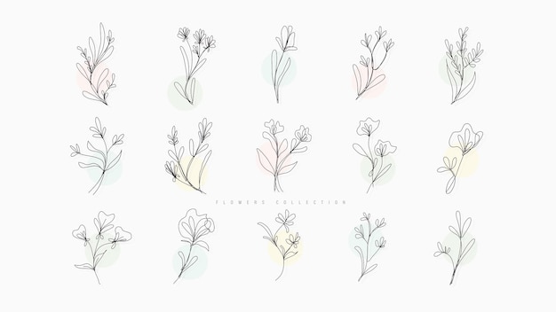 Set of bouquets and minimalist flowers for logos or tattoos Line drawing wedding card elegant