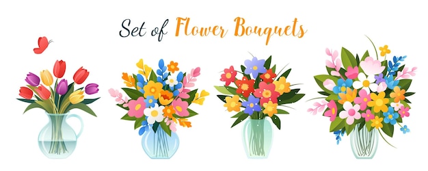 Set of bouquets in vases with spring and summer flowers isolated vector illustrations on white