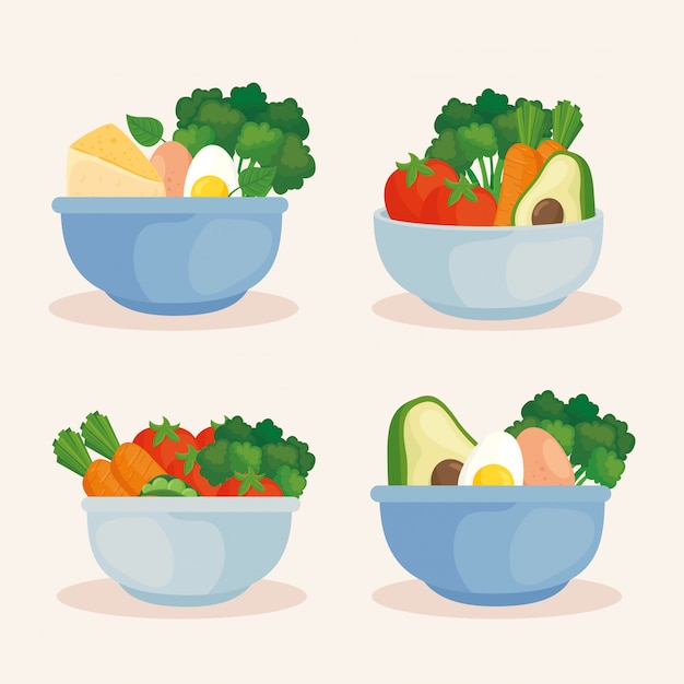 Set bowls with vegetables and healthy food, concept healthy food