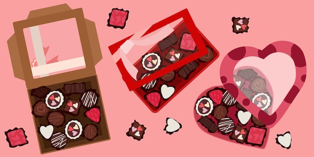 A set of boxes of chocolates on a pink background A box in the form of a heart a square