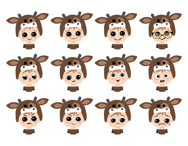 Vector set of boy avatar with big eyes and wide smile and different emotions in cow hat. cute child with joyful, sad or angry face in carnival costume for holiday or new year