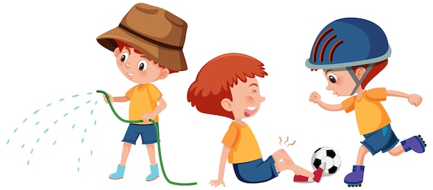 Set of a boy cartoon character doing different activities