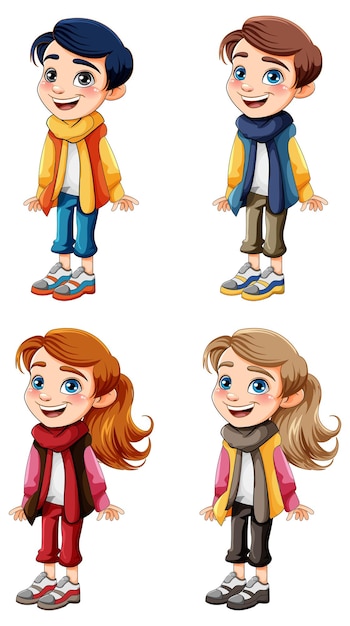 Set of boy and girl cartoon character set