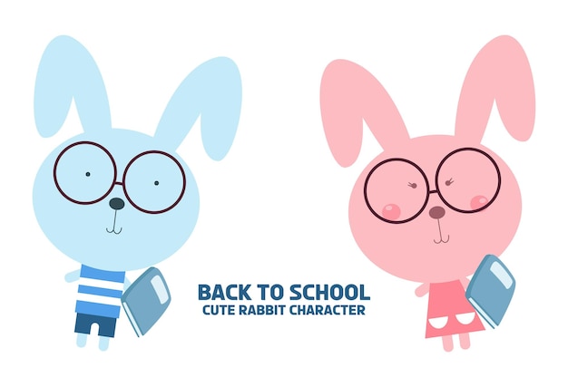 set of boy and girl cute rabbit holding book back to school cartoon character premium vector