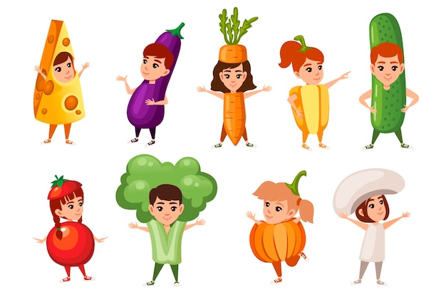 Set of boys and girls kid wearing vegetables and other food costume flat vector illustration